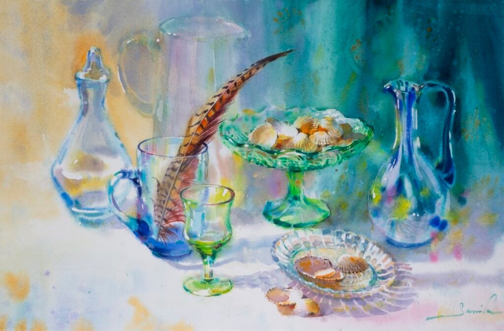 Samira Yanushkova - STILL LIFE OF GLASS DECANTER AND DIFFERENT GLASS DISHES ON A TABLE